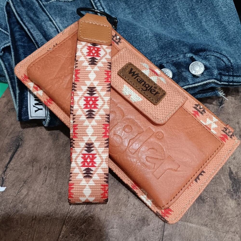 Wrangler Womens RFID Wallet Wristlet Aztec Pattern Zip Around Peach Color